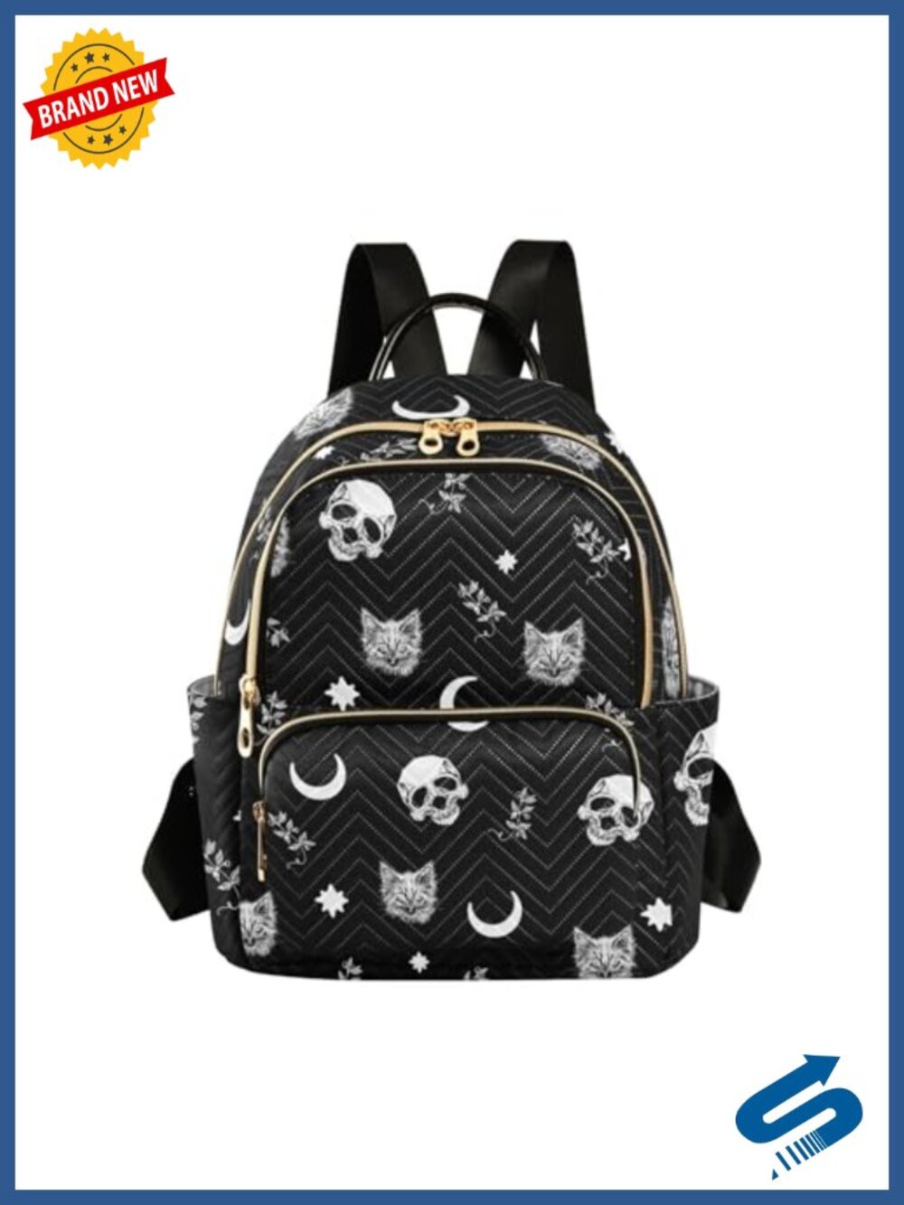 Gothic Skull Cat Moon Quilted Backpack Purse Women Travel Daypack